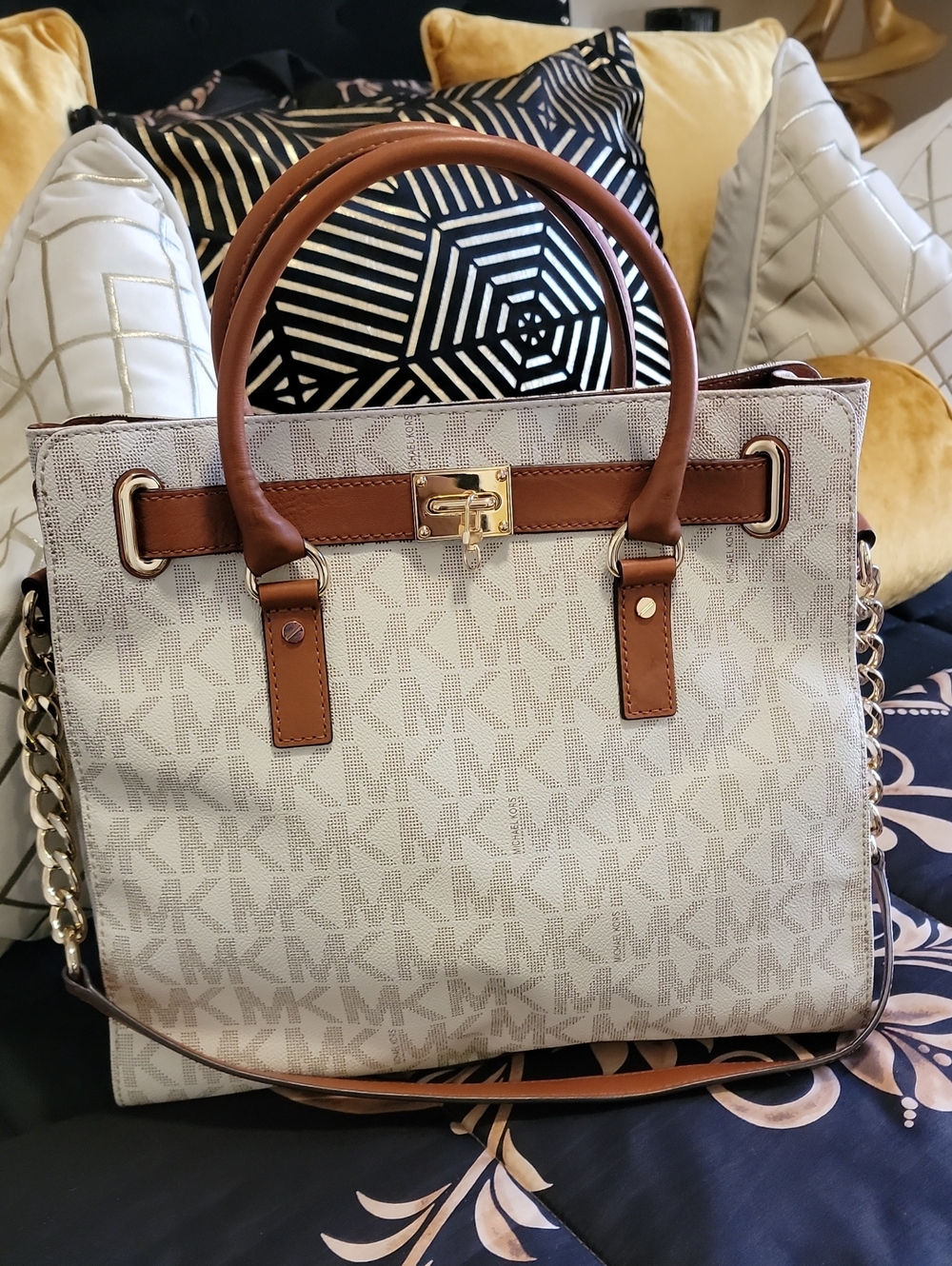 Michael Kors Cream Signature Satchel with Brown Leather Trim